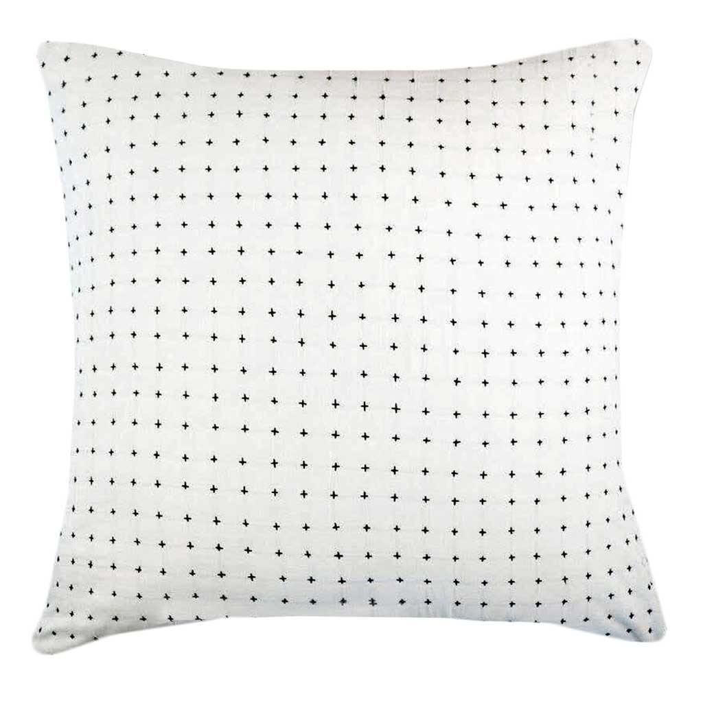 Anchal White Textured Throw Pillow with Black Dots| 24x24" Organic Cotton Decorative Pillow Covers| Cross Stitch Quilted | Decor for Couch or Bed