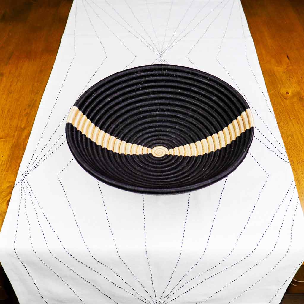 Black with Tan Stripe Decorative Fruit Bowl | Round Woven Basket | Wall Basket Decor | Large or Small Decorative Round Wall Baskets with Flat Back for Hanging | African Sisal Handwoven Baskets