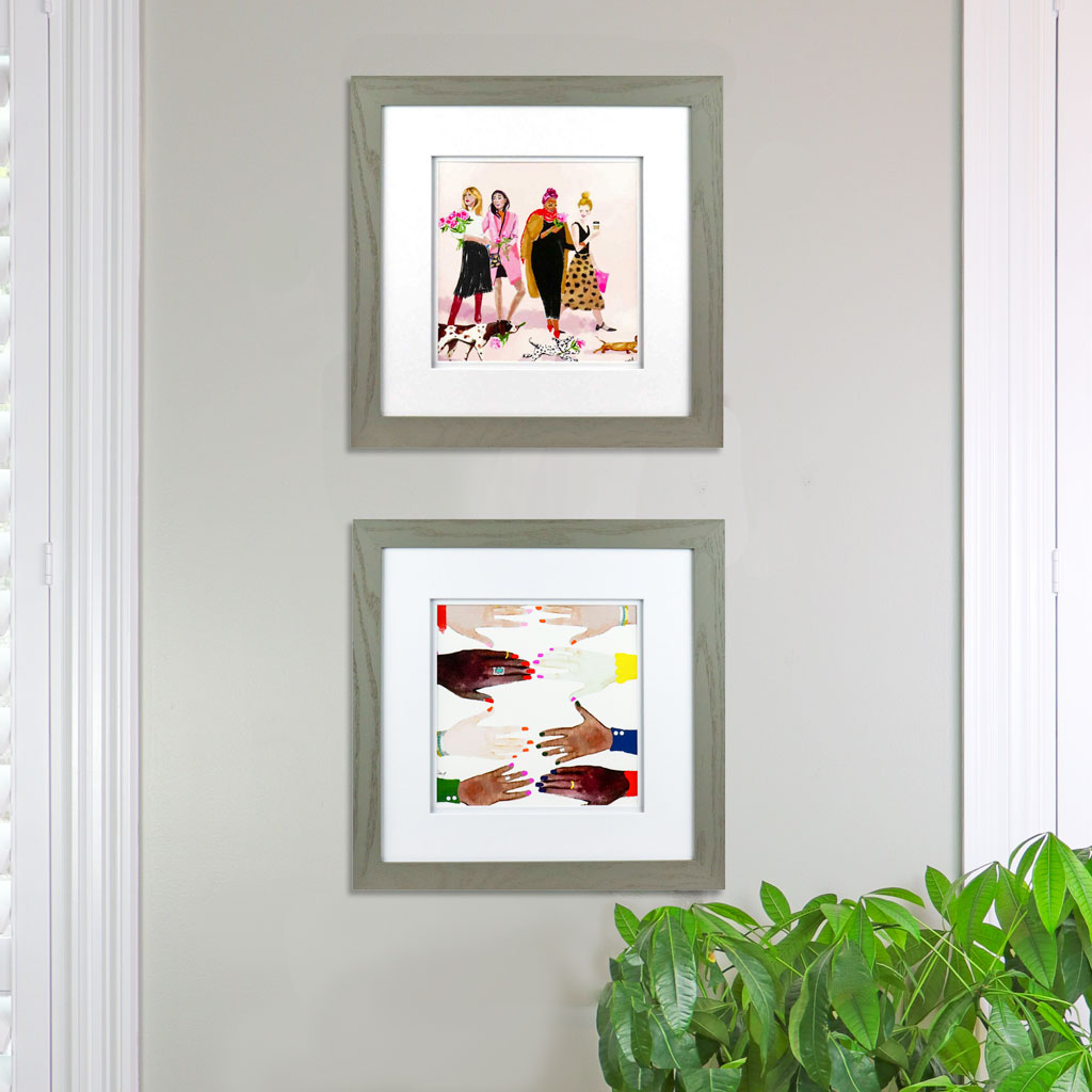 Galentines & Palentines | Best Friend Painting Unframed | Women and Dogs Art Print | Unique Decorative Wall Art | Desk or Shelf Decor | 8x8"