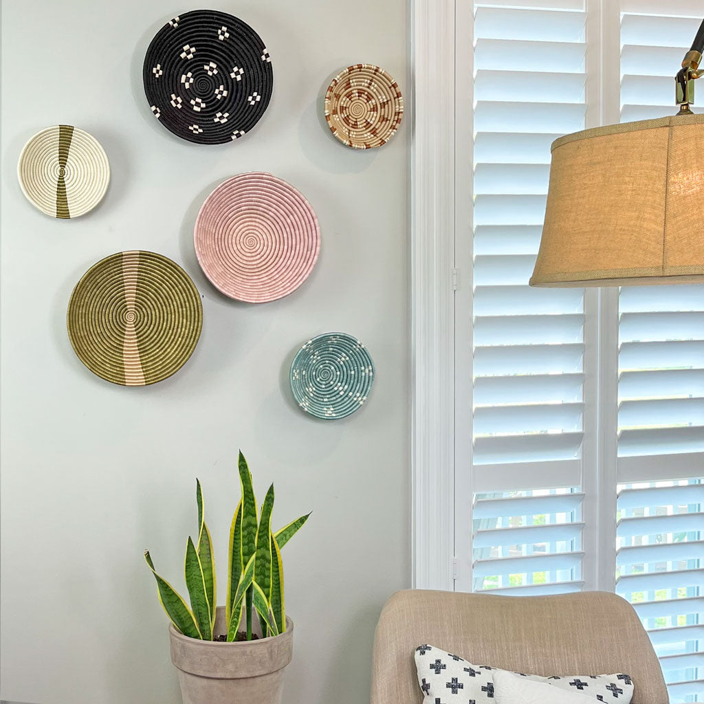 Black with White Spots Round Decorative Baskets | Wall Decor or Decorative Woven Bowl | Boho Wall Art | African Baskets with Flat Back | Decorative Fruit Bowl | 8 or 12 in