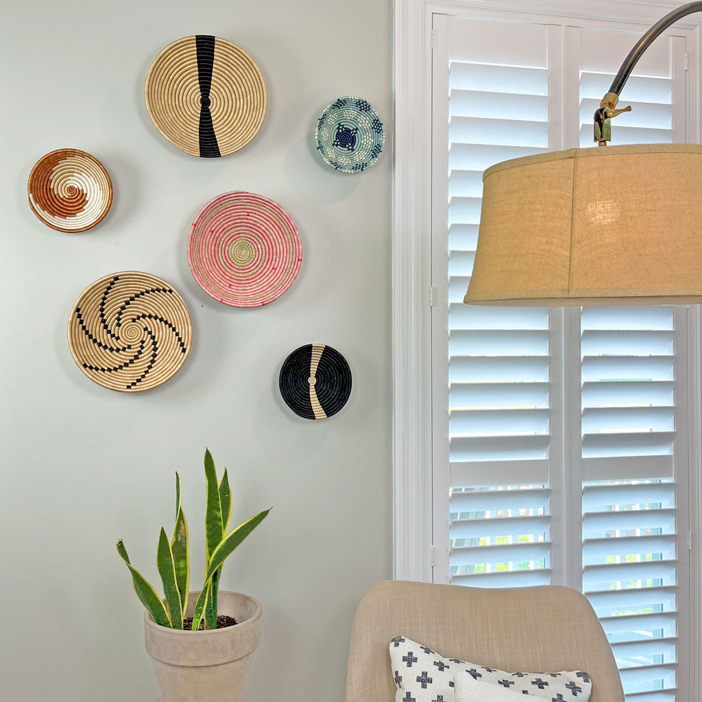 Natural with Black Swirl Pattern Decorative Wall Basket | Round Woven Bowl with Flat Back | Wall Art or Storage Dish | Sisal African Wall Decor | 8 or 12 in