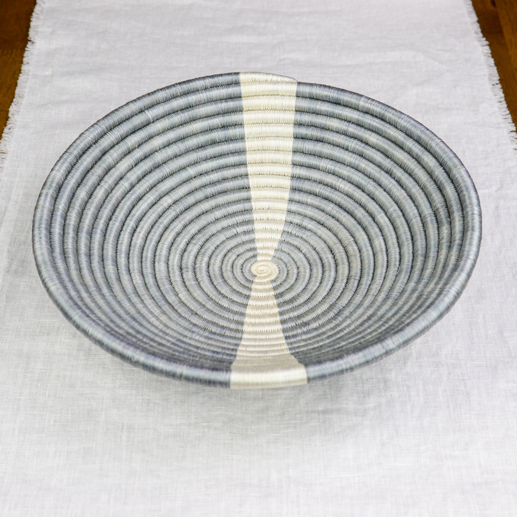 Grey with White Stripe Round Woven Baskets | Decorative Bowls with Flat Back for Hanging | Boho Wall Decor or Catchall | African Wall Art | 8 or 12 in