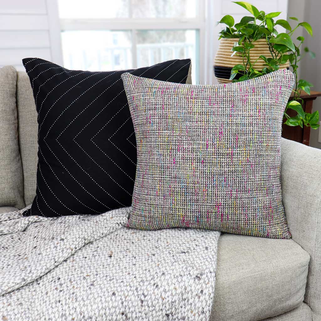 Black and White Decorative Throw Pillow Cover | Solid Black with White Stitching | 24x24" | Anchal