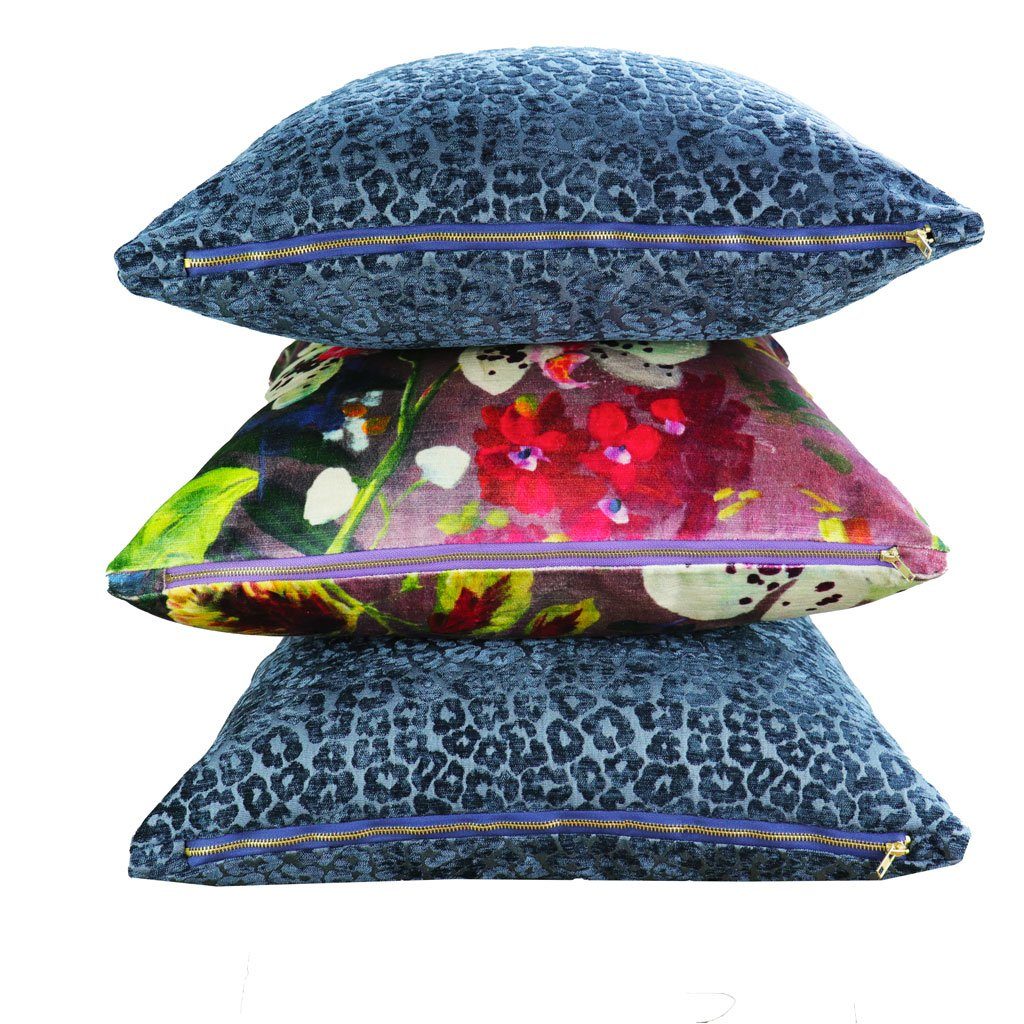 Purple Velvet Throw Pillow | Violet Floral Print Decorative Pillow | 20x20" Unique Pillow Covers | Green and Pink Tropical Flowers