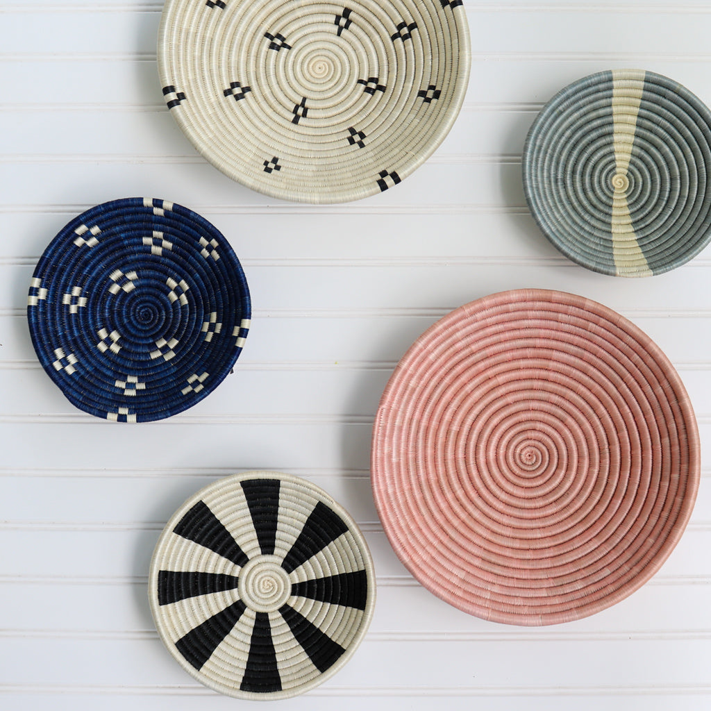 Navy Blue and White Spots Woven Basket | Round Bowl for Wall Decor | Decorative Fruit Bowl or Storage Dish | Dark Blue African Baskets | 8 or 12 in