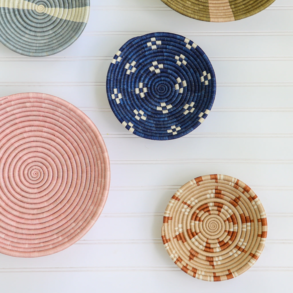 Orange and White Pattern Decorative Baskets for Wall | Round with Flat Back for Hanging | Sisal African Wall Decor Basket | Boho Wall Art | 8 or 12 in