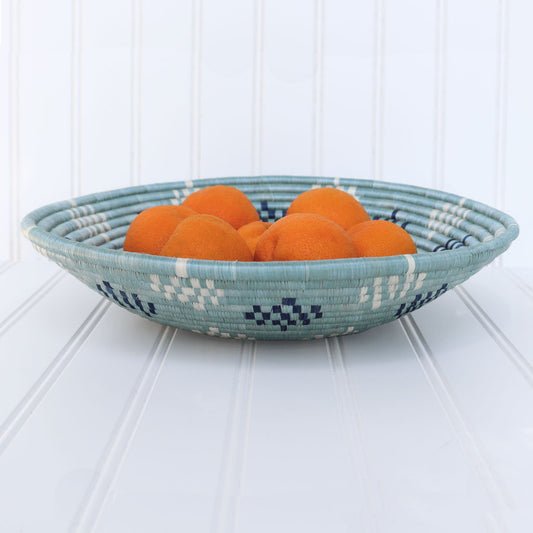 Light Blue and Navy Blue Round Woven Basket | Decorative Wall Art | Unique Fruit Bowl | Flat Back Basket Wall Decor | Pale Blue | 8 or 12 inch