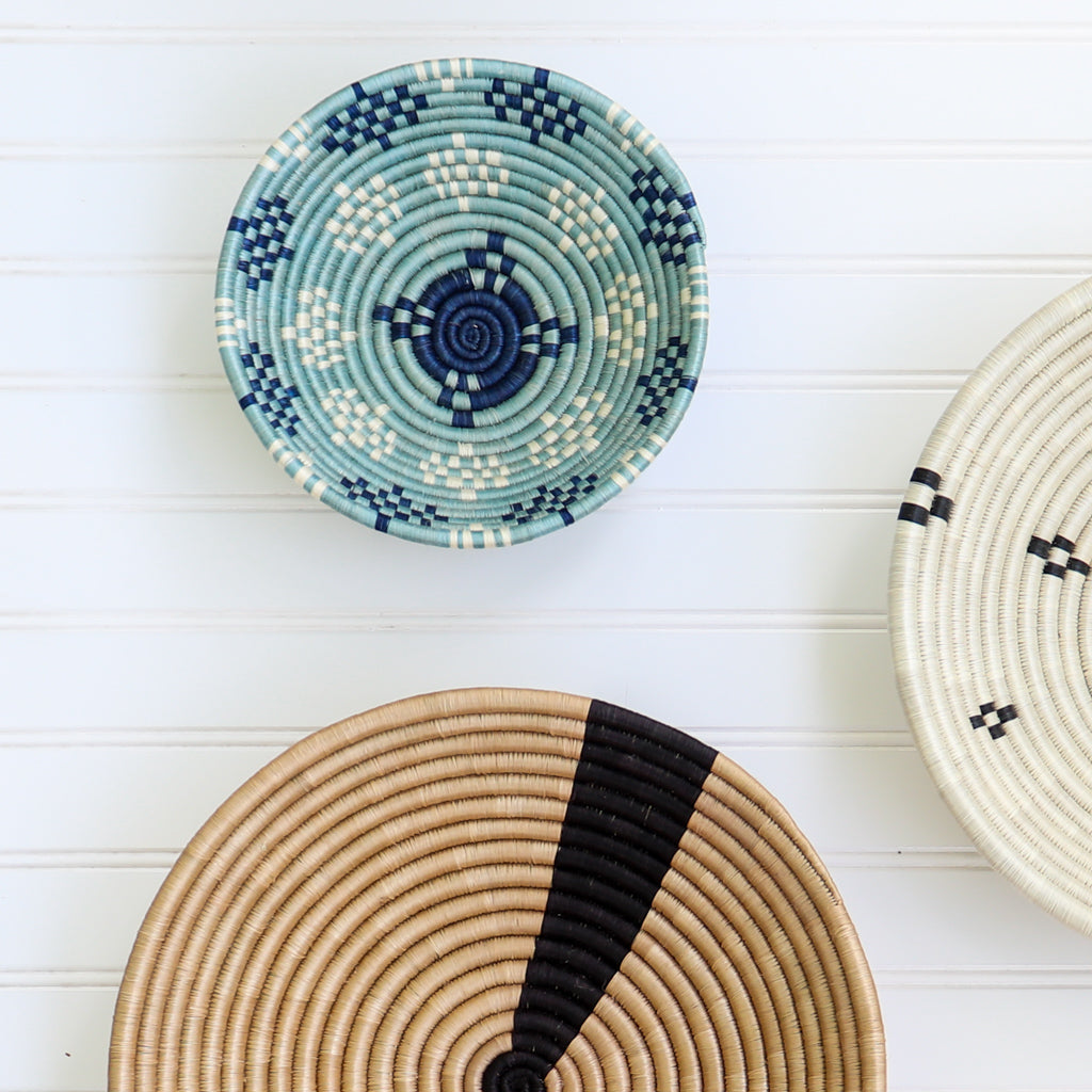 Light Blue and Navy Blue Round Woven Basket | Decorative Wall Art | Unique Fruit Bowl | Flat Back Basket Wall Decor | Pale Blue | 8 or 12 inch