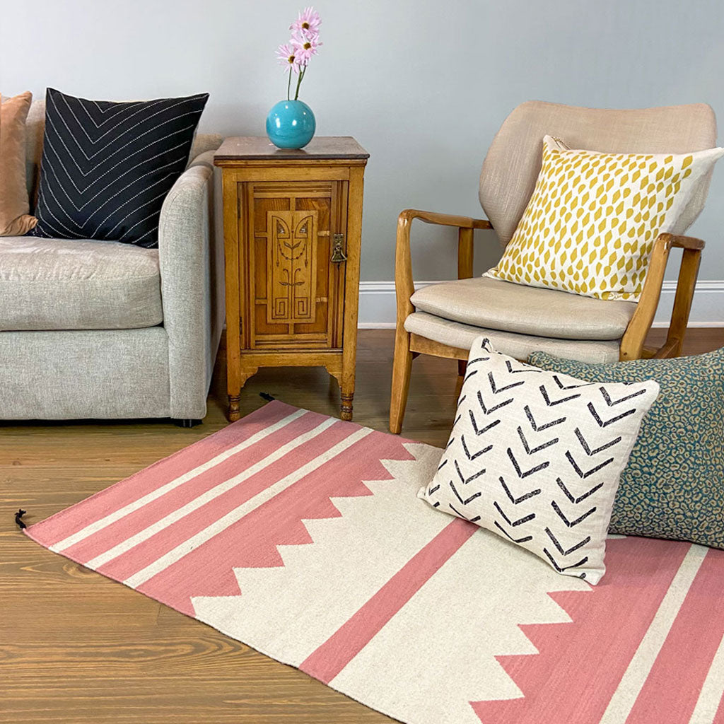 Pink Geometric Print Accent Rug | Dusty Rose and Ivory | 3x5 | Archive NY | Wool Rug with Tassels | Zapotec Accent Rug | Sustainable Decor