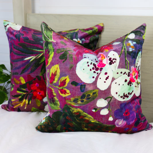 Purple Velvet Throw Pillow | Violet Floral Print Decorative Pillow | 20x20" Unique Pillow Covers | Green and Pink Tropical Flowers