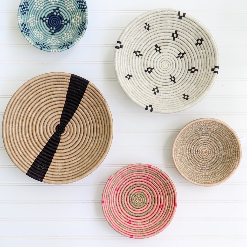 Natural with Black Stripe Woven Wall Basket | Decorative Round Bowl with Flat Back for Hanging or Decorative Fruit Bowl | African Table Dish | Baskets for Wall Decor | Small or Large