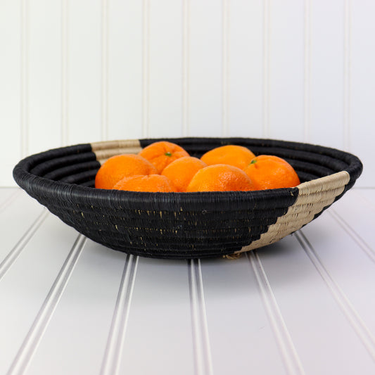 Black with Tan Stripe Decorative Fruit Bowl | Round Woven Basket | Wall Basket Decor | Large or Small Decorative Round Wall Baskets with Flat Back for Hanging | African Sisal Handwoven Baskets