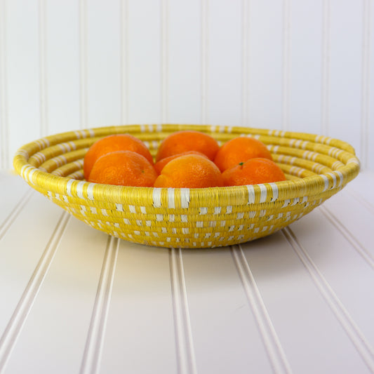 Yellow and White Spotted Round Woven Basket | Decorative Bowl for Wall Art or Table Decor or Storage | Decorative Fruit Bowl with Flat Back