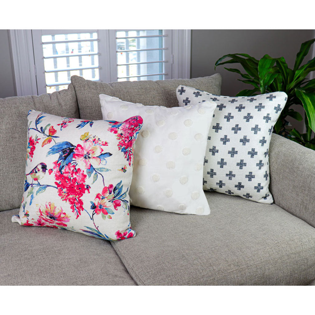 Throw Pillow Cover with Birds | White, Pink and Blue Bird Decorative Pillow Covers | 20" Linen | Shabby Chic Floral Decor | Sofa or Bed Accent Pillows