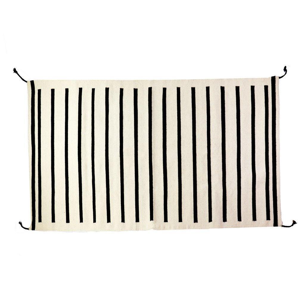 Small Black and White Striped Accent Rug | Archive NY 3x5' Wool Rug | Black and Ivory Stripes with Tassels Zapotec | Handwoven | Sustainable Decor | Archive NY