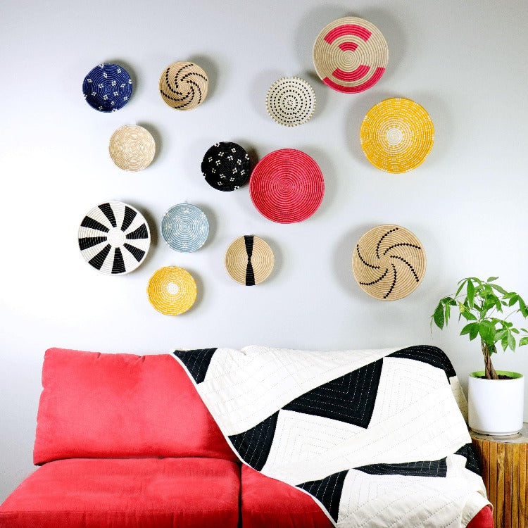 Hot Pink Decorative Baskets for Wall | Round with Flat Back for Hanging | Sisal African Wall Decor Basket | Boho Wall Art | Decorative Fruit Bowl | 8 or 12 in