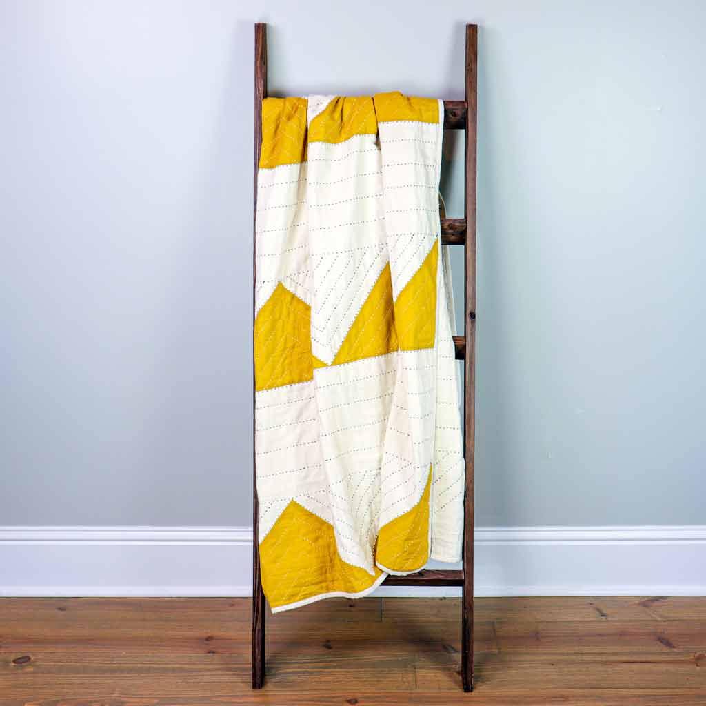 Yellow and White Quilted Throw Blanket | Geometric Print | Hand Stitched Organic Cotton Throws for Bed or Sofa | Anchal