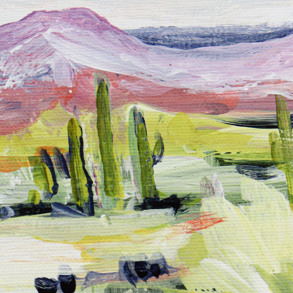 Desert Flora | Colorful Landscape Art Print | Cactus Flowers Hills and Sky | Canvas Prints | Unique Wall Art and Shelf Decor | Laurie Anne