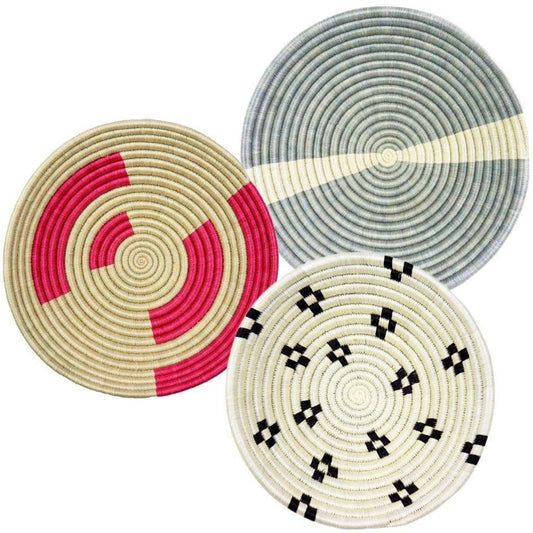 Hot Pink Decorative Baskets for Wall | Round with Flat Back for Hanging | Sisal African Wall Decor Basket | Boho Wall Art | Decorative Fruit Bowl | 8 or 12 in