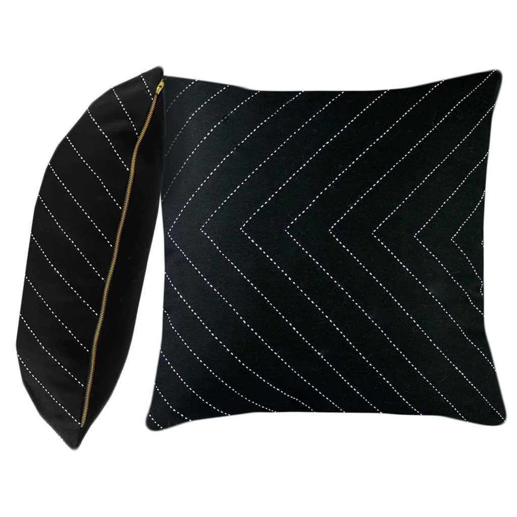 Black and White Decorative Throw Pillow Cover | Solid Black with White Stitching | 24x24" | Anchal