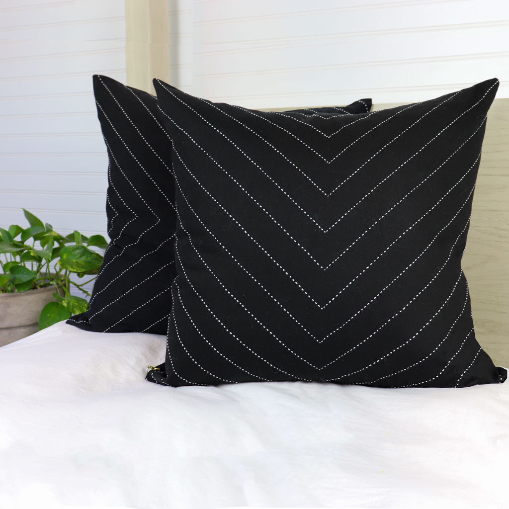 Black and White Decorative Throw Pillow Cover | Solid Black with White Stitching | 24x24" | Anchal