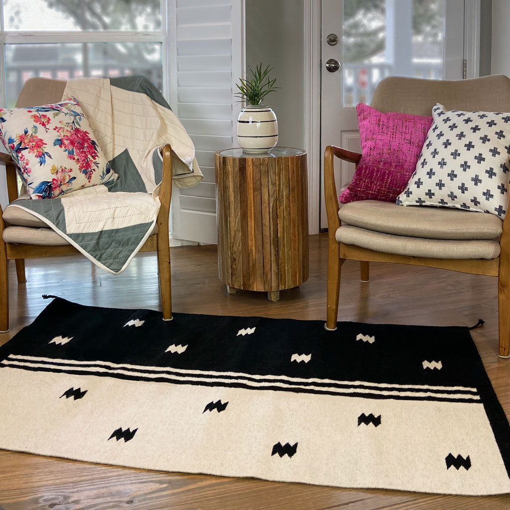 Small Geometric Print Accent Rug | Black and White | 3x5 | Archive NY | Wool Rug with Tassels | Zapotec Accent Rug | Ivory and Black