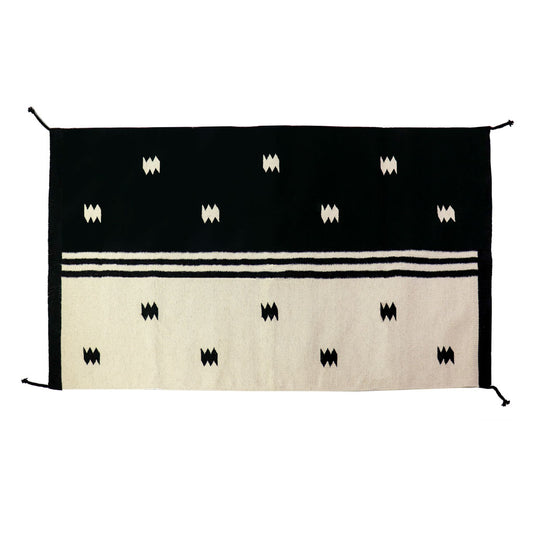 Small Geometric Print Accent Rug | Black and White | 3x5 | Archive NY | Wool Rug with Tassels | Zapotec Accent Rug | Ivory and Black