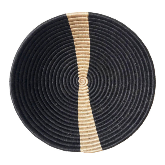 Black with Tan Stripe Decorative Fruit Bowl | Round Woven Basket | Wall Basket Decor | Large or Small Decorative Round Wall Baskets with Flat Back for Hanging | African Sisal Handwoven Baskets