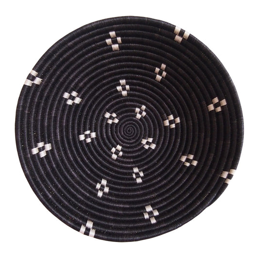 Black with White Spots Round Decorative Baskets | Wall Decor or Decorative Woven Bowl | Boho Wall Art | African Baskets with Flat Back | Decorative Fruit Bowl | 8 or 12 in