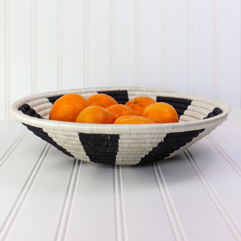 Black and White Striped Round Wall Basket | Decorative Woven Bowls with Flat Back | Unique Fruit Bowl Baskets | African Wall Decor