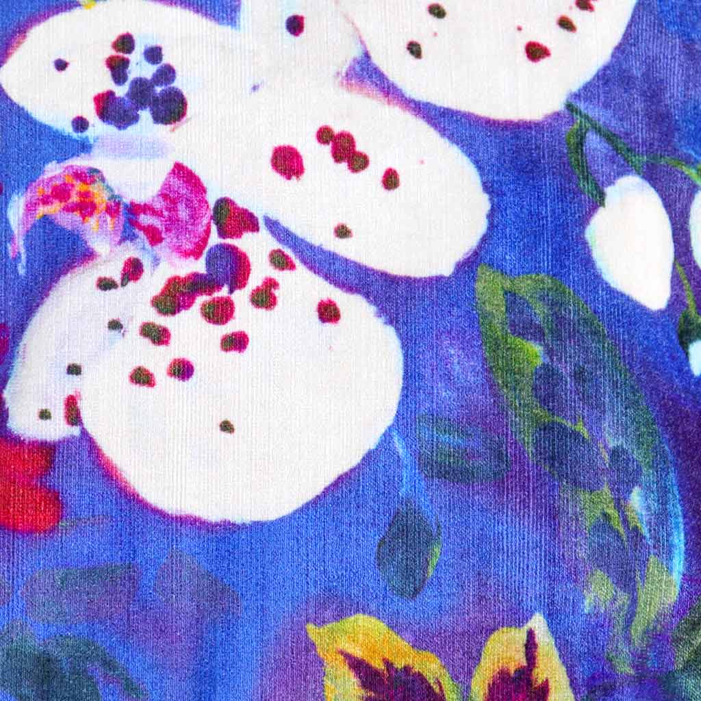 Cobalt Blue Velvet Throw Pillow Bold Floral Print 20x20 Prince Pom   Blue Floral Velvet Close Up 