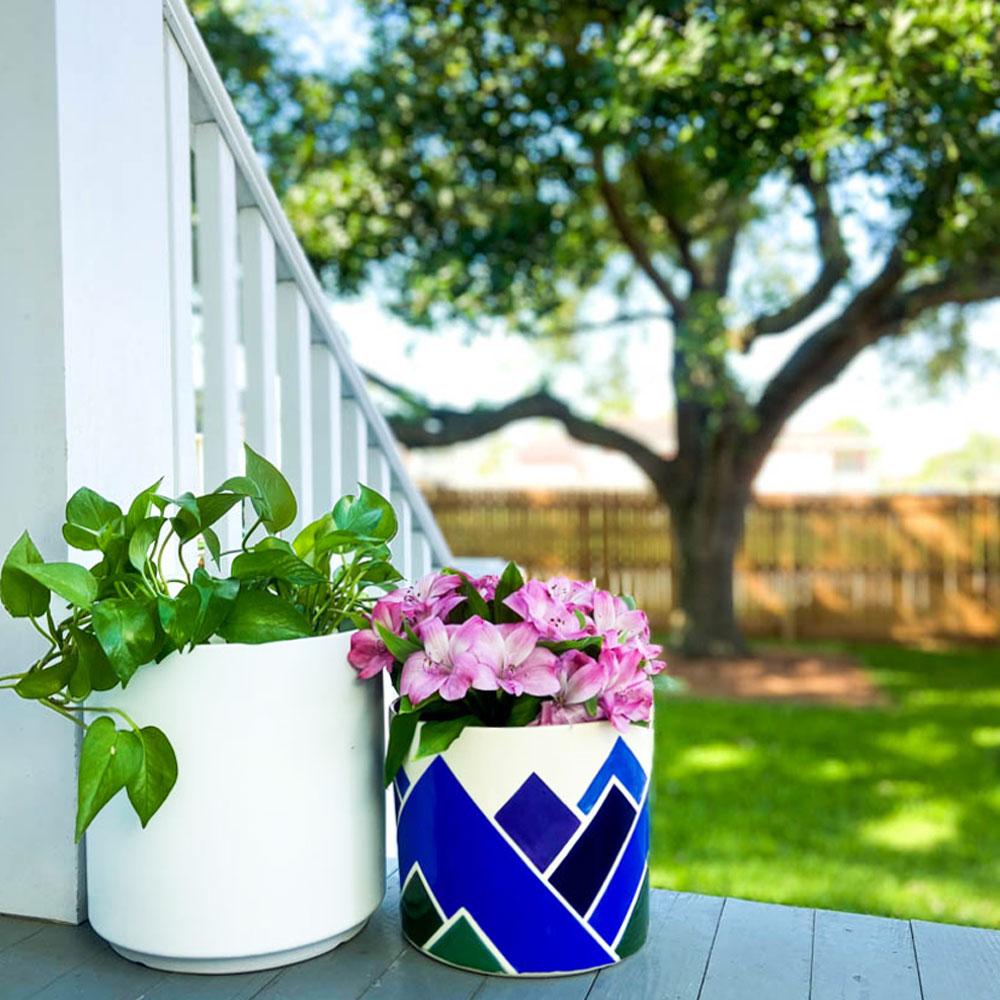 Blue and Green Mountain Plant Pot | Hand Painted Planters | Unique Gifts and Home Decor | White Abstract Mountains | Flower Pots | 7x9"