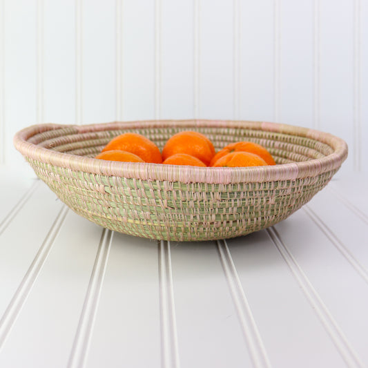 Olive Green and Blush Pink Wall Basket | Round Sweetgrass Basket with Flat Back for Hanging | Unique Decorative Wall Art | African Woven Bowl | Amsha