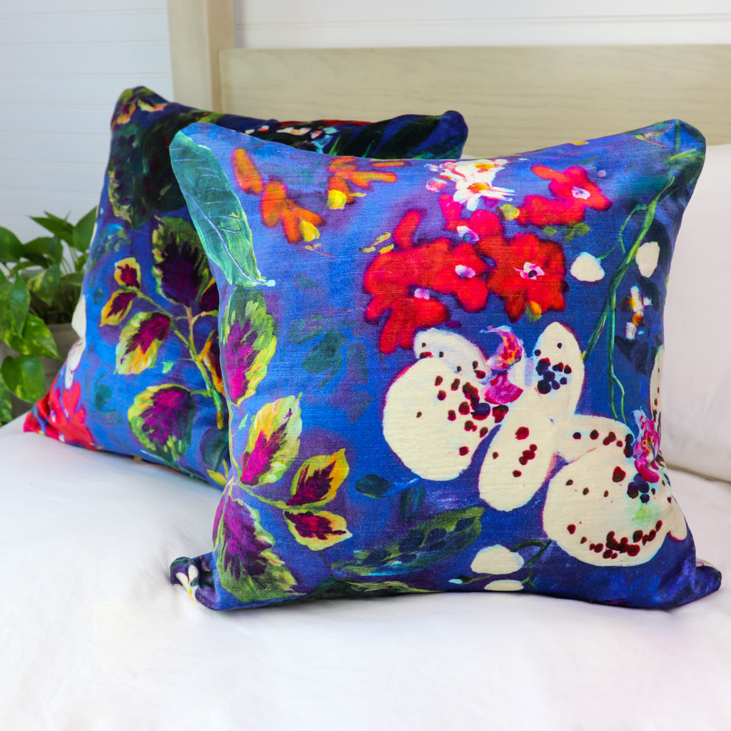 Cobalt Blue Velvet Throw Pillow Bold Floral Print 20x20 Prince Pom