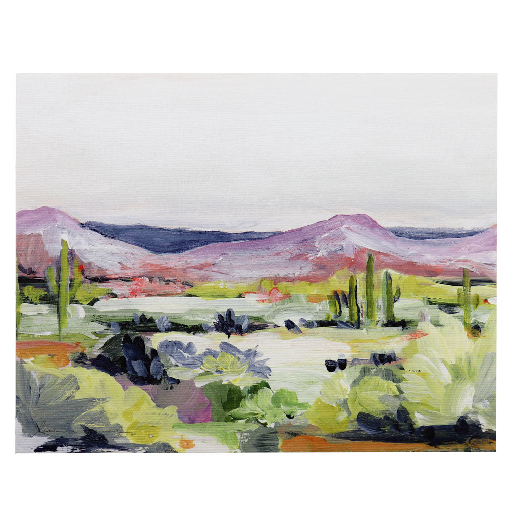 Desert Flora | Colorful Landscape Art Print | Cactus Flowers Hills and Sky | Canvas Prints | Unique Wall Art and Shelf Decor | Laurie Anne