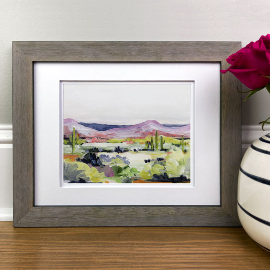Desert Flora | Colorful Landscape Art Print | Cactus Flowers Hills and Sky | Canvas Prints | Unique Wall Art and Shelf Decor | Laurie Anne