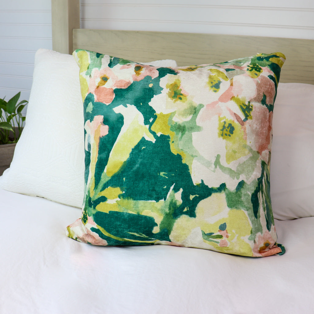Emerald Green Velvet Throw Pillow Floral Print 20x20 Prince & Pom