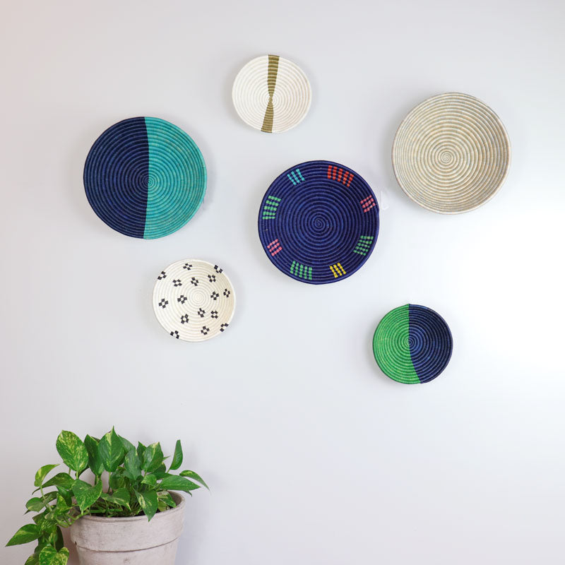 Emerald Green and Navy Blue Decorative Wall Basket | African Round Woven Bowl with Flat Back | Unique Wall Art or Dish | 8 inch
