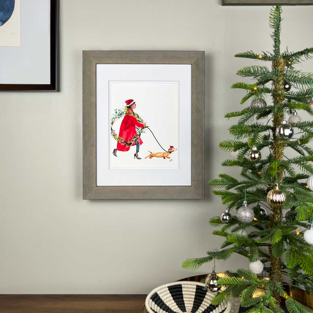 Holiday Hustle | Christmas Art Prints | Woman with Dog Watercolor Painting | Holiday Decor and Unique Gifts | Clementine Studio