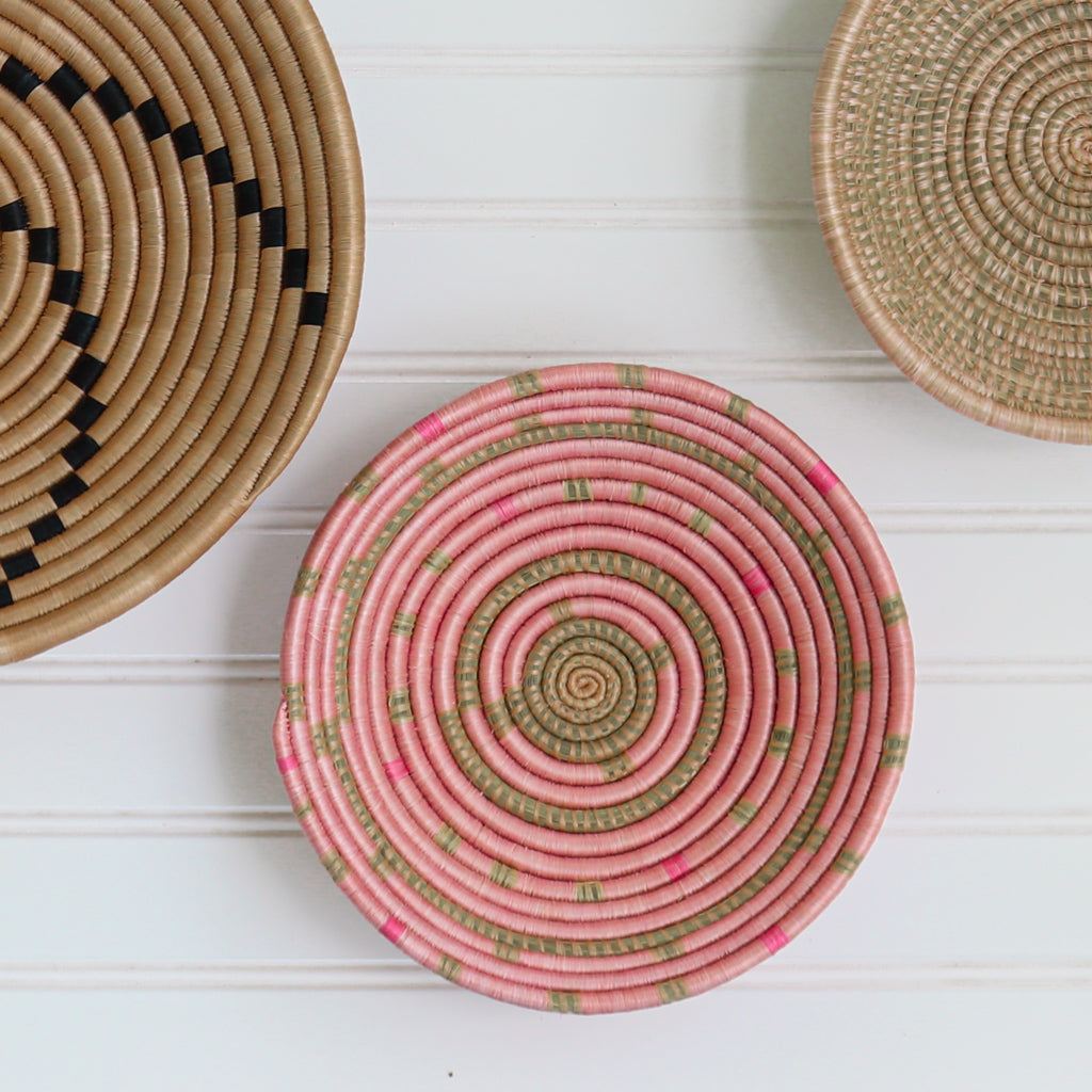 Hot Pink and Blush Round Woven Bowl | Decorative Basket with Flat Back for Wall Art or Table Display