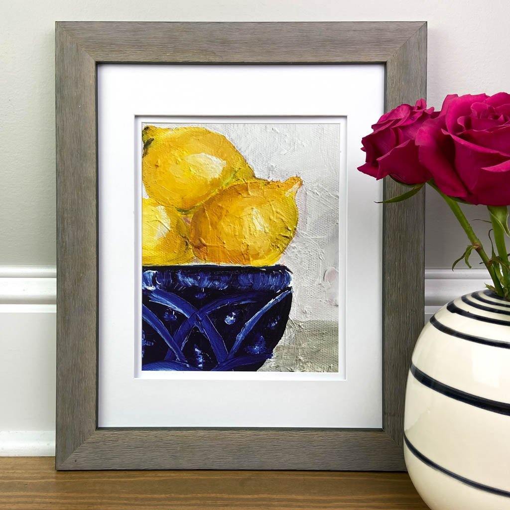 Giclee high quality Canvas Print of ROSES AND LEMONS Still Life Lemons and Delft Yellow and Blue Fruit Decor Kitchen Art