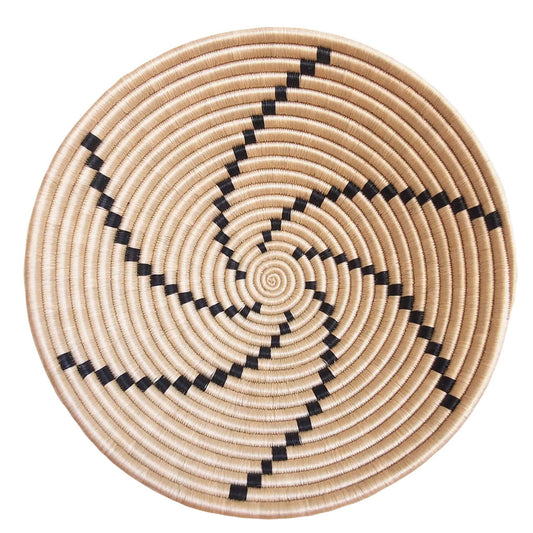Natural with Black Swirl Pattern Decorative Wall Basket | Round Woven Bowl with Flat Back | Wall Art or Storage Dish | Sisal African Wall Decor | 8 or 12 in