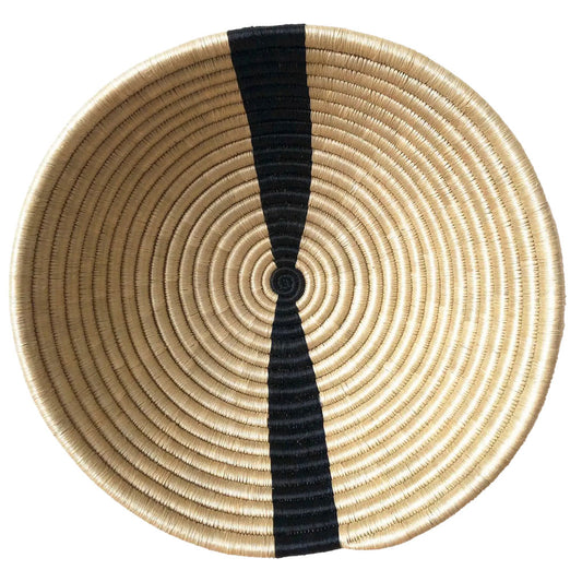 Natural with Black Stripe Woven Wall Basket | Decorative Round Bowl with Flat Back for Hanging or Decorative Fruit Bowl | African Table Dish | Baskets for Wall Decor | Small or Large