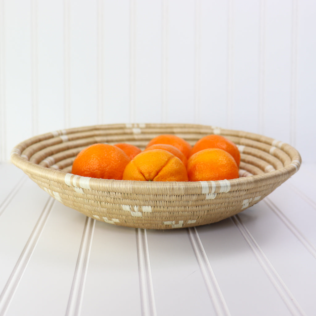 Natural with White Spots Decorative Wall Basket | Round Woven Wall Decor | African Round Woven Bowls with Flat Back | Fruit Bowl | Small or Large