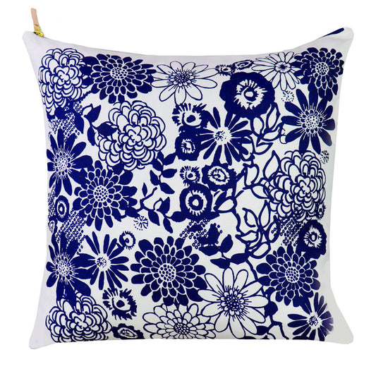 White and Navy Blue Floral Throw Pillow | Linen Decorative Pillow | Dark Blue with Flowers |Abstract Garden| Unique Accents | 20x20"