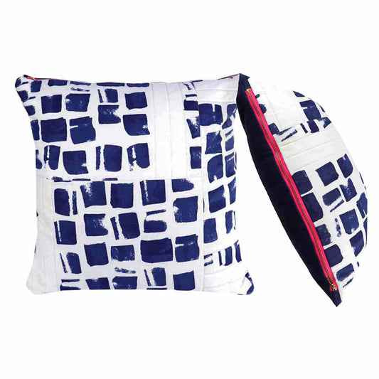 Navy Blue and White Abstract Throw Pillow Cover | Quilted Pattern Decorative Pillow | Hot Pink Contrast Zipper | Accent Pillow| 20x20"