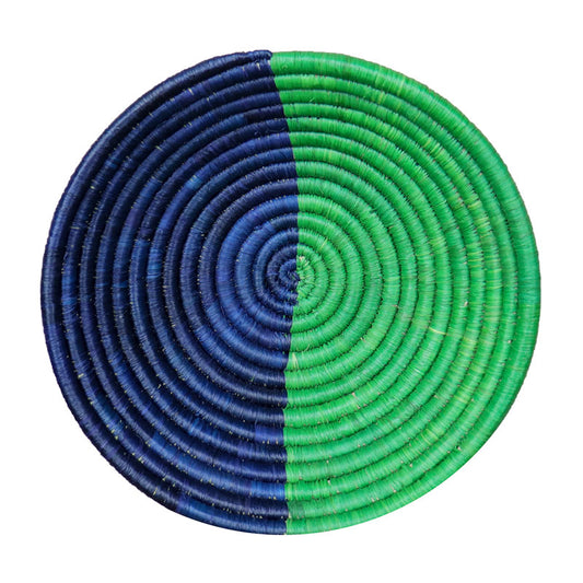 Emerald Green and Navy Blue Decorative Wall Basket | African Round Woven Bowl with Flat Back | Unique Wall Art or Dish | 8 inch