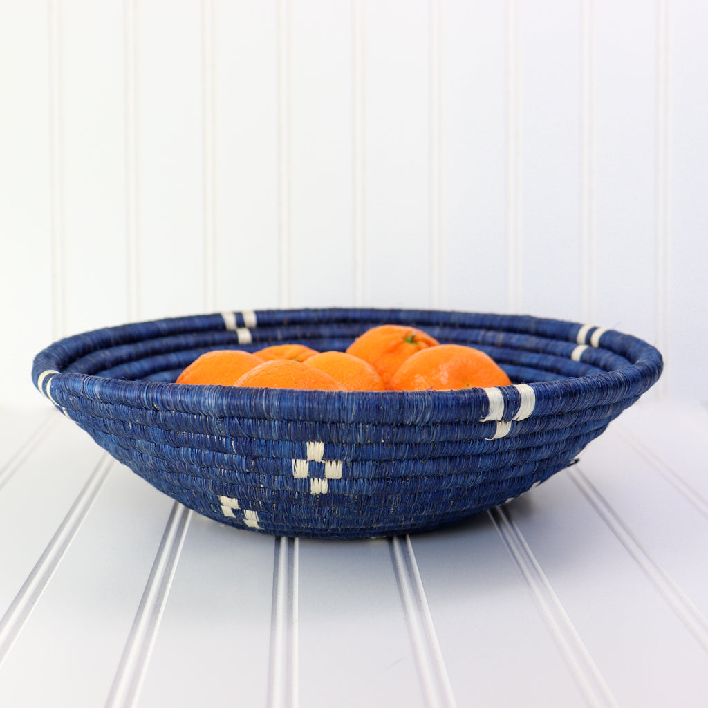 Navy Blue and White Spots Woven Basket | Round Bowl for Wall Decor | Decorative Fruit Bowl or Storage Dish | Dark Blue African Baskets | 8 or 12 in