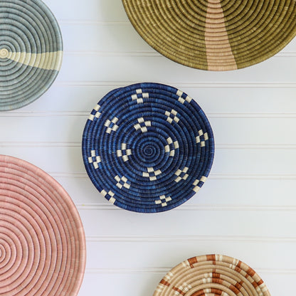 Navy Blue and White Spots Woven Basket | Round Bowl for Wall Decor | Decorative Fruit Bowl or Storage Dish | Dark Blue African Baskets | 8 or 12 in