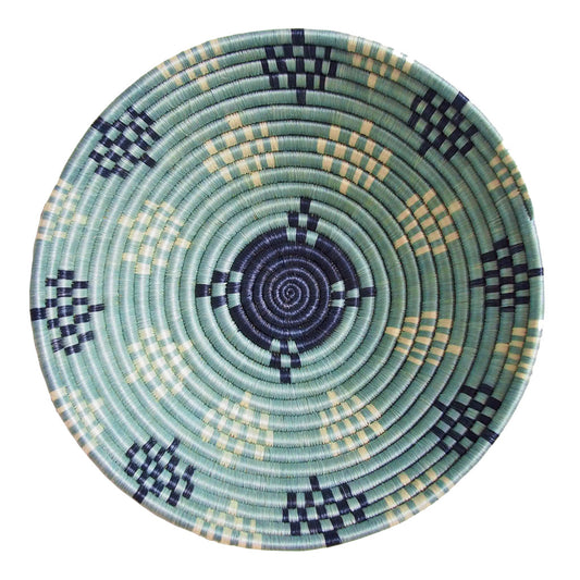 Light Blue and Navy Blue Round Woven Basket | Decorative Wall Art | Unique Fruit Bowl | Flat Back Basket Wall Decor | Pale Blue | 8 or 12 inch